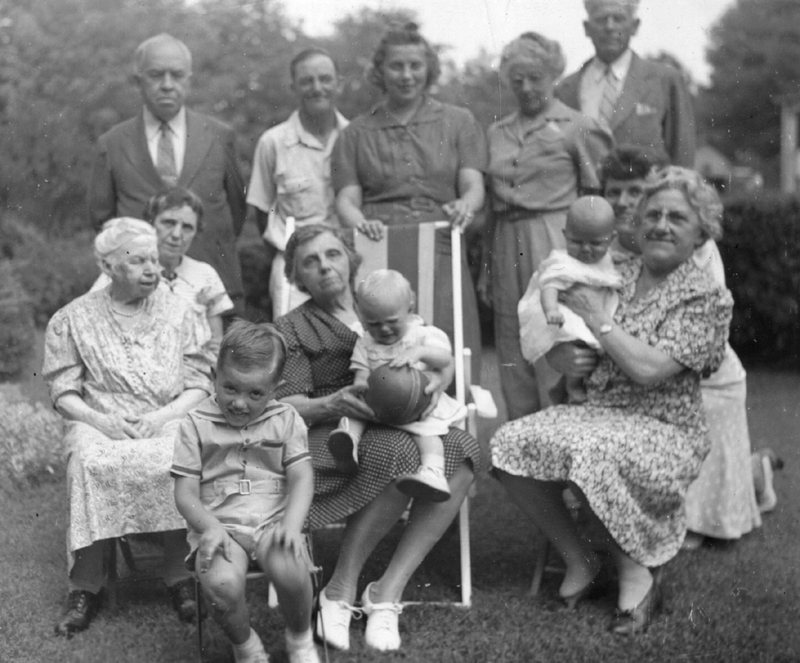 Photo in possession of Linda (Funk) Shook.  Move the cursor over the image to see the name of each individual. Click on a person to open the page for that person. 
 
Identification of Gladys, Capitola, and Beverly from interview with Gladys Troup Stickler, 1 July 2003.