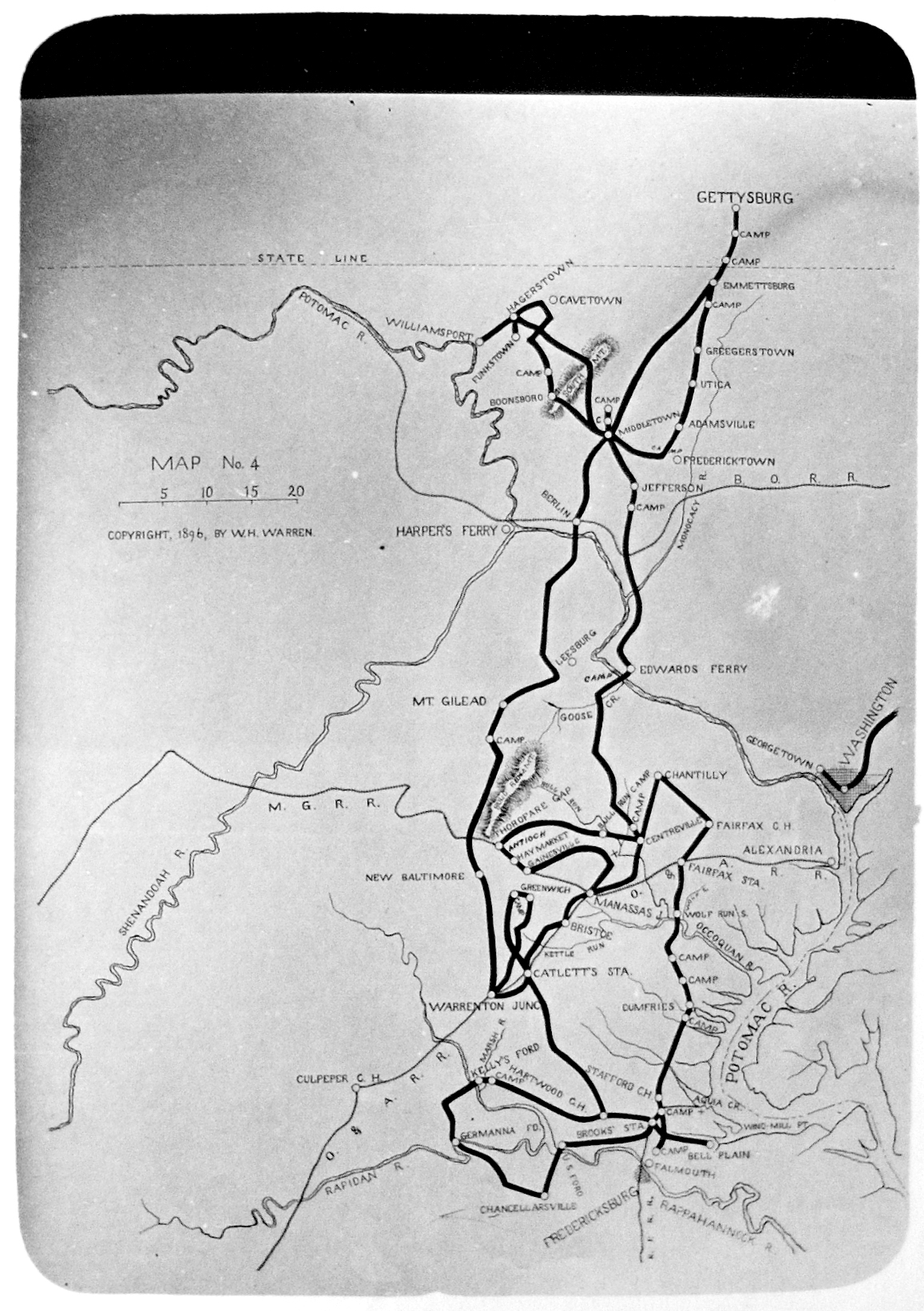 William H. Warren, History of the Seventeenth Connecticut Volunteers, Vol. 11, p. 196. "Route of the Regiment" written below. Photographed 19 November 2008 by H. DeVoe in Historical Collections room, Bridgeport Public Library, Bridgeport, Connecticut